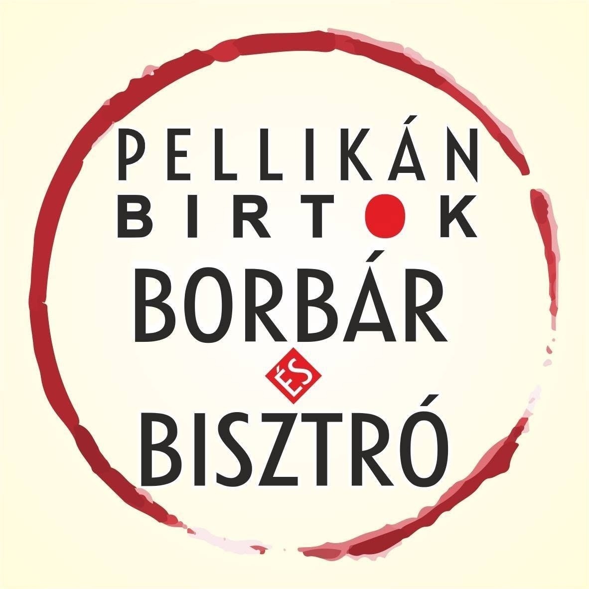A képen egy piros körben Pellikán Birtok Borbár és Bisztró felirat.