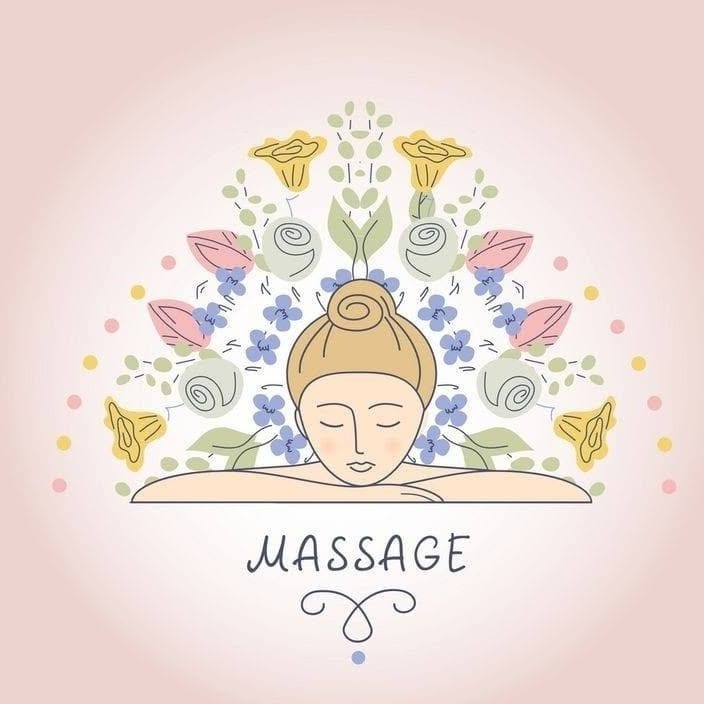 A képen egy rajzolt hölgy, felette virágok, alatta massage felirat.