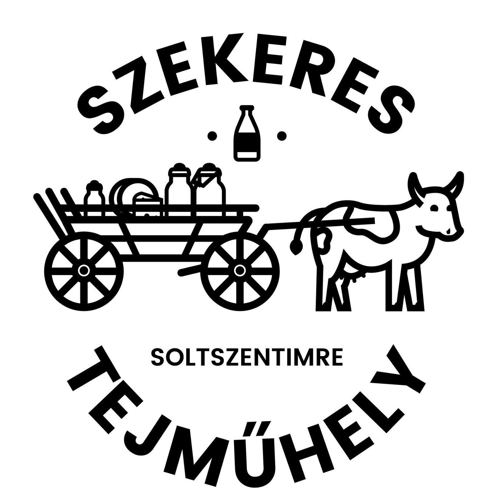 A képen ívelt Szekeres Tejműhely felirat, belül egy ábra amin egy tehén egy tejeskancsókkal teli szekeret húz.