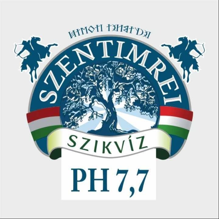 A logón a „Szentimrei Szikvíz” felirat, egy stilizált fa és magyar zászlómotívum látható, alul „Soltszentimre” felirattal.