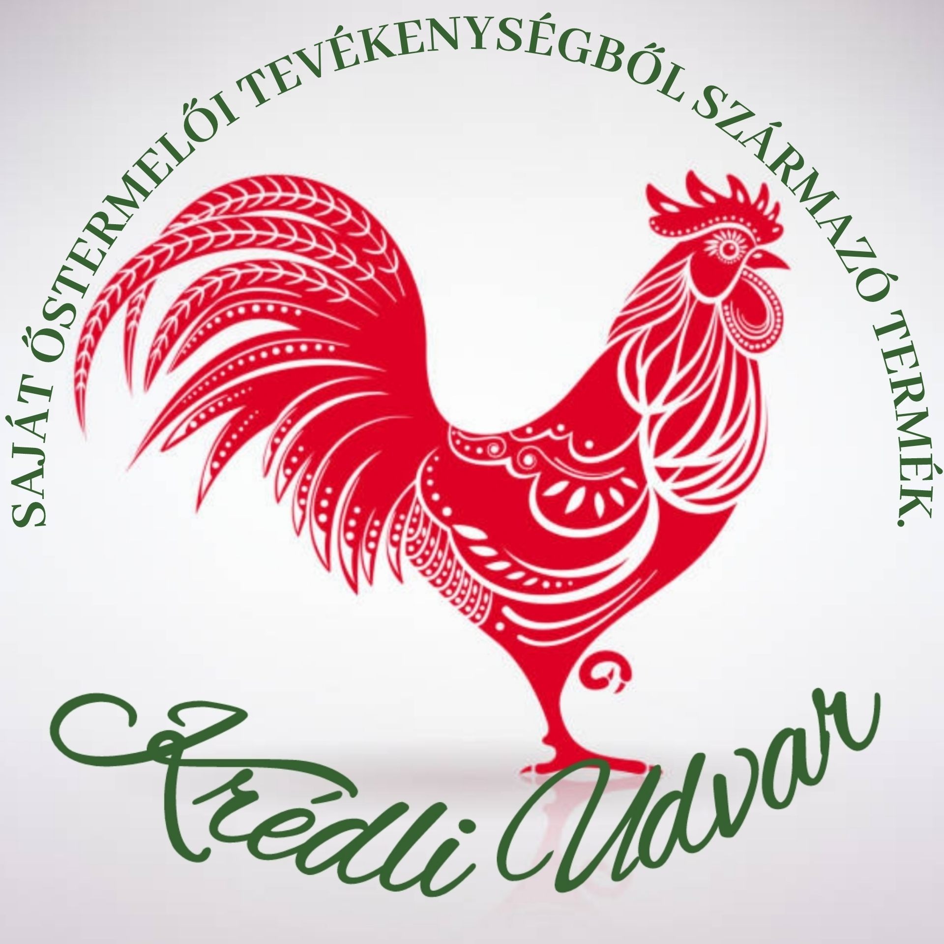 A képen egy piros kakas látható, felette "Saját őstermelői tevékenységünből származó termék", alatta "Krédli Udvar" felirat