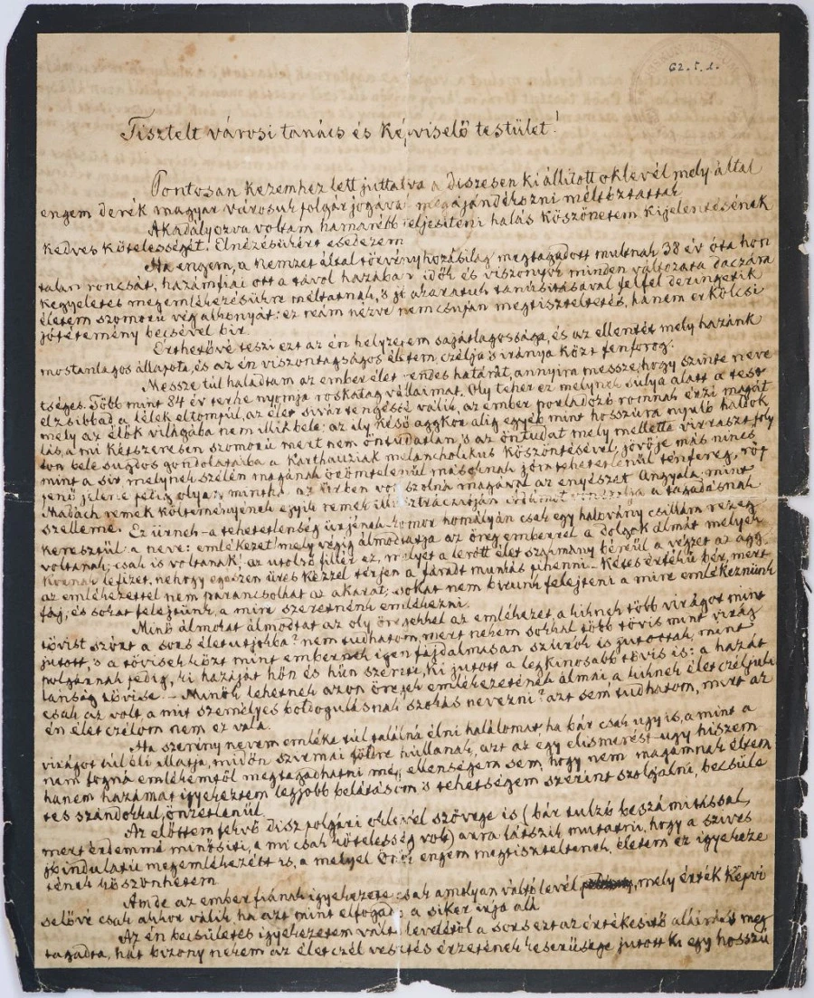 Kossuth Lajos kiskunfélegyházi díszpolgárságát megköszönő saját kezűleg írt levele, amely egyedülálló Magyarországon - image description