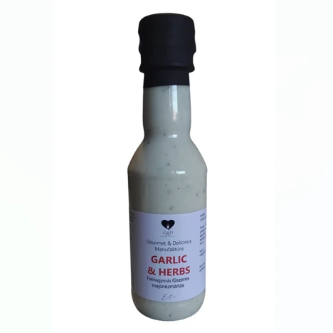 A képen egy üveg Garlic & Herbs zöldfűszeres szósz  látható.