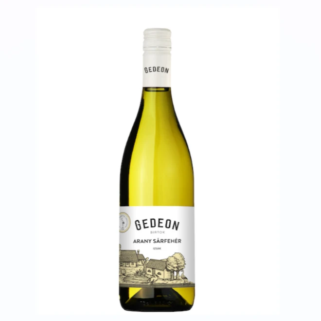 A képen egy palack Gedeon Arany Sárfehér bor látható.
