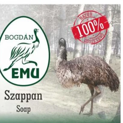 A képen a Bogdán Emu szappanjának címkéje látható.