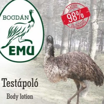 A képen a Bogdán Emu testápolójának címkéje látható.