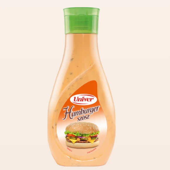 A képen egy doboz Univer hamburger szósz látható.