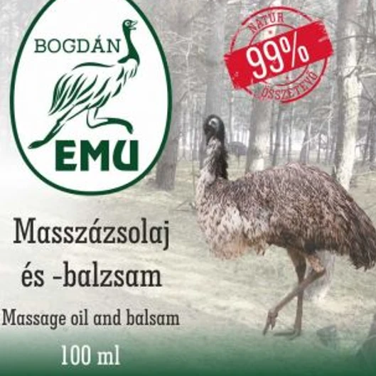 A képen a Bogdán Emu masszázsolaj és balzsamjának címkéje látható.