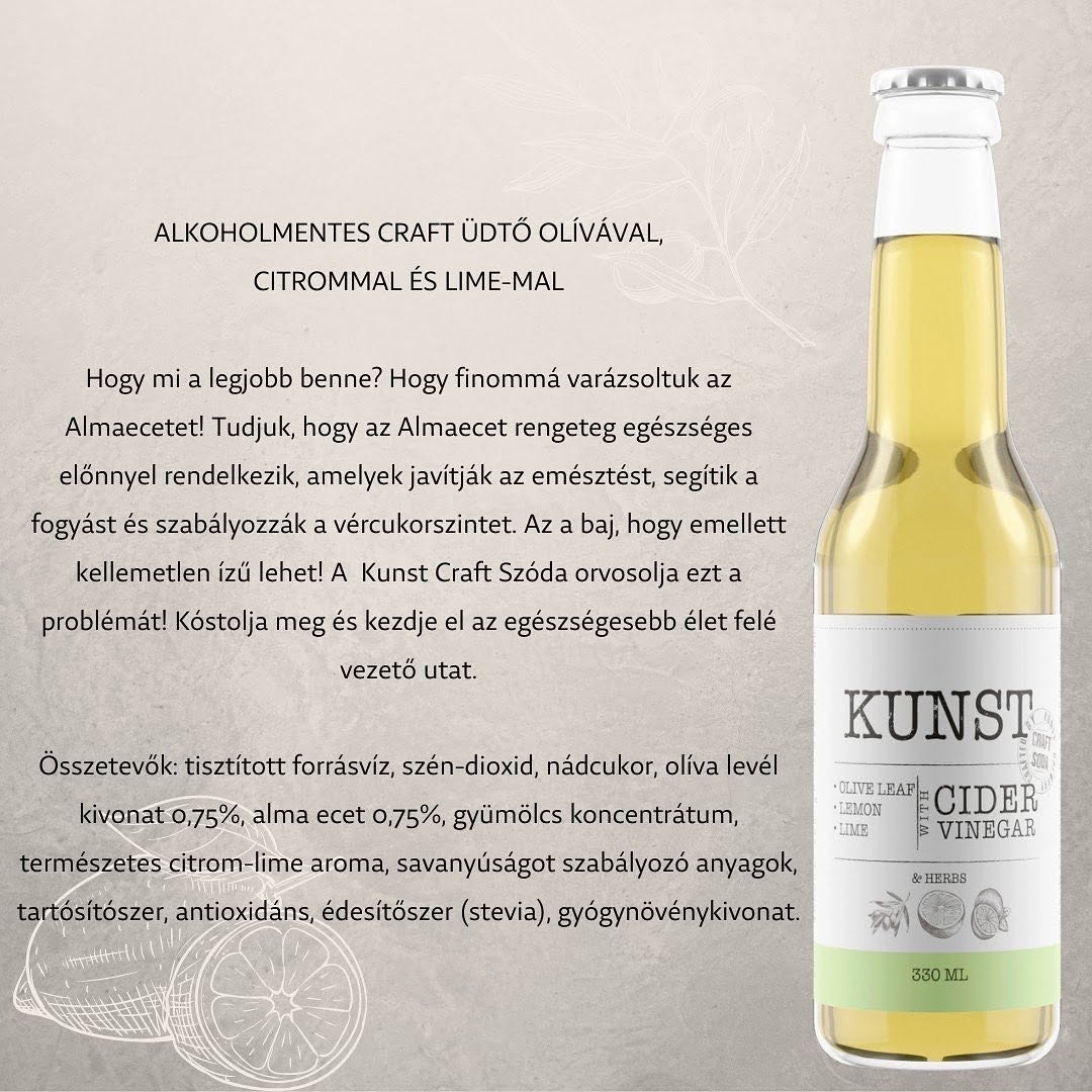 A képen egy üveg KunST - Alkoholmentes craft üdítő olivával, citrommal és lime-mal és egy leírás róla.