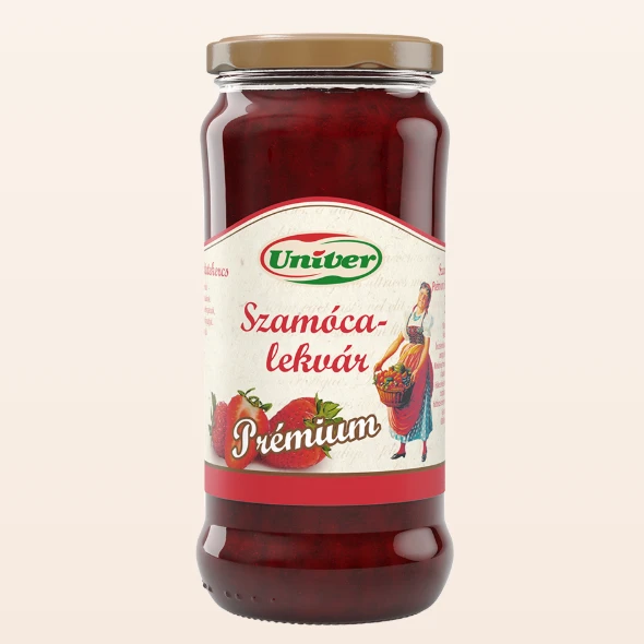 A képen egy üveg Univer szamócalekvár látható.