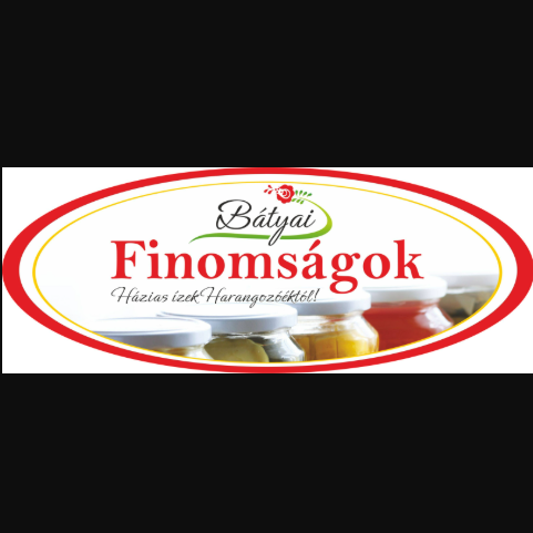 A képen egy ovális címke látható „Bátyai Finomságok” felirattal, alatta a „Háziás ízek Harangozóéktól!” szöveggel, háttérben befőttesüvegekkel
