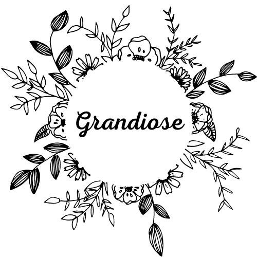 A képen a Grandiose virágos fekete-fehér logója látható, középen a névvel.