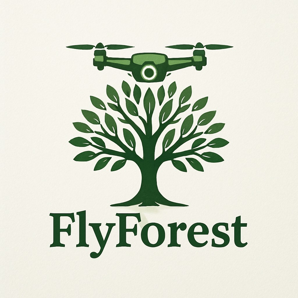 Flyforest logója, felül drón, alatta egy fa, majd a brand neve