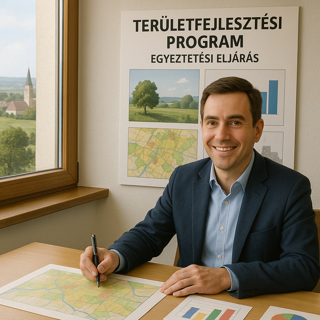 gy mosolygó férfi ül egy asztalnál, előtte térképek és diagramok. A háttérben ’Területfejlesztési Program – Egyeztetési eljárás’ feliratú poszter látható, mellette egy ablakon át zöld vidéki táj és egy templomtorony.